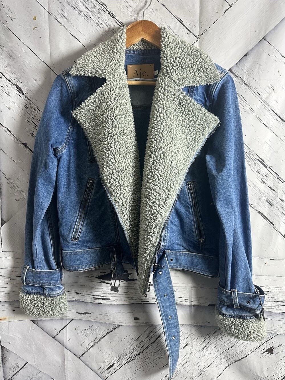 Aje Denim Sherpa Moto Jacket Women’s Size 10 Blue Faux Shearling Lined Belted